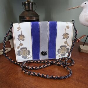 Coach 56671 Dinky 24 Western Embroidery Crossbody White Blue Suede Leather Bag